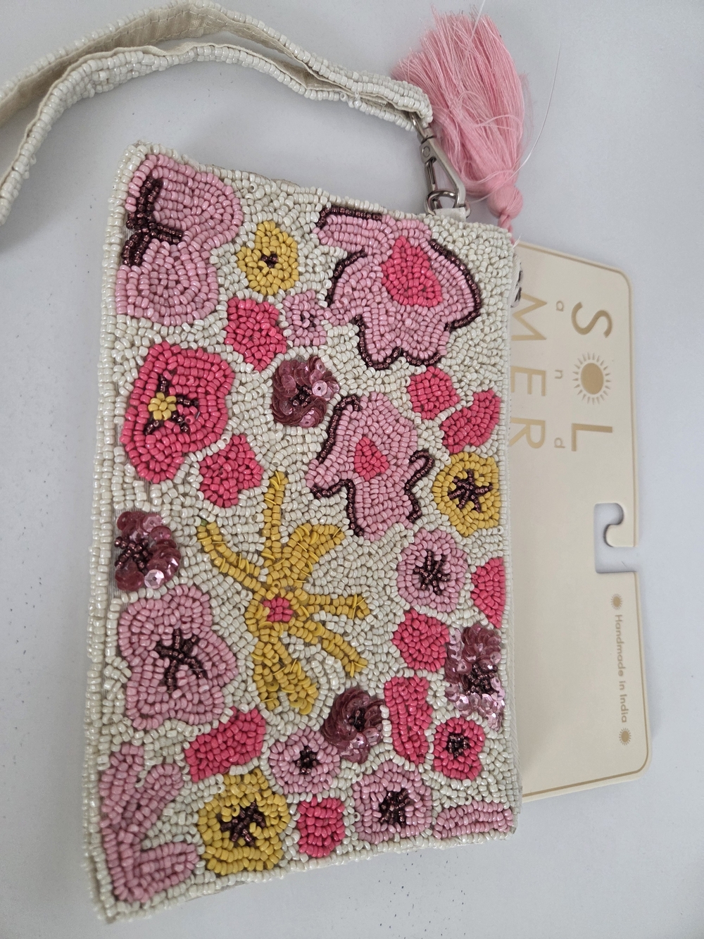 Beaded Floral Wristlet Clutch - Pink, Yellow & White